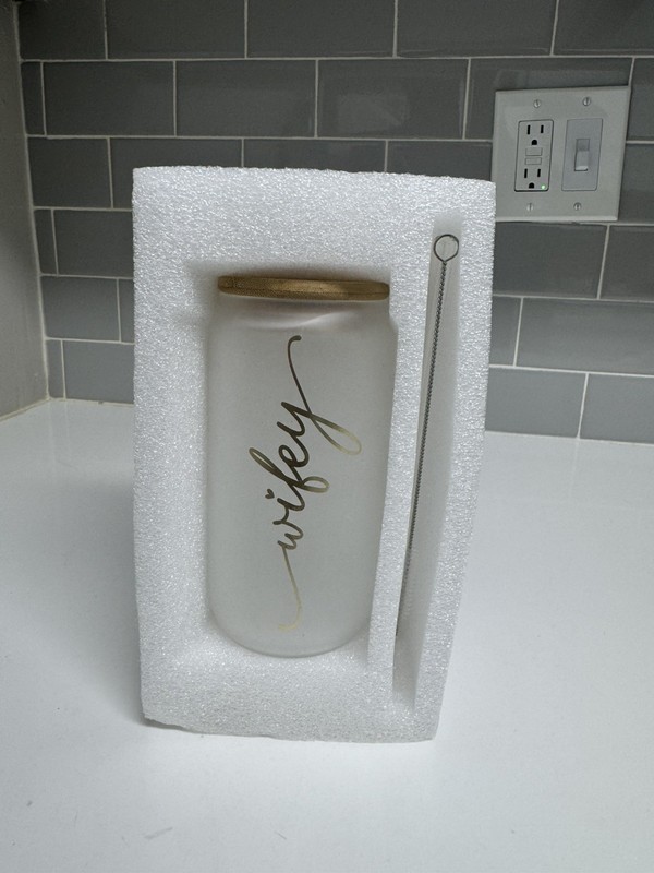 Coffee/Water Tumbler Glass Cup With Glass Straw " Wifey"