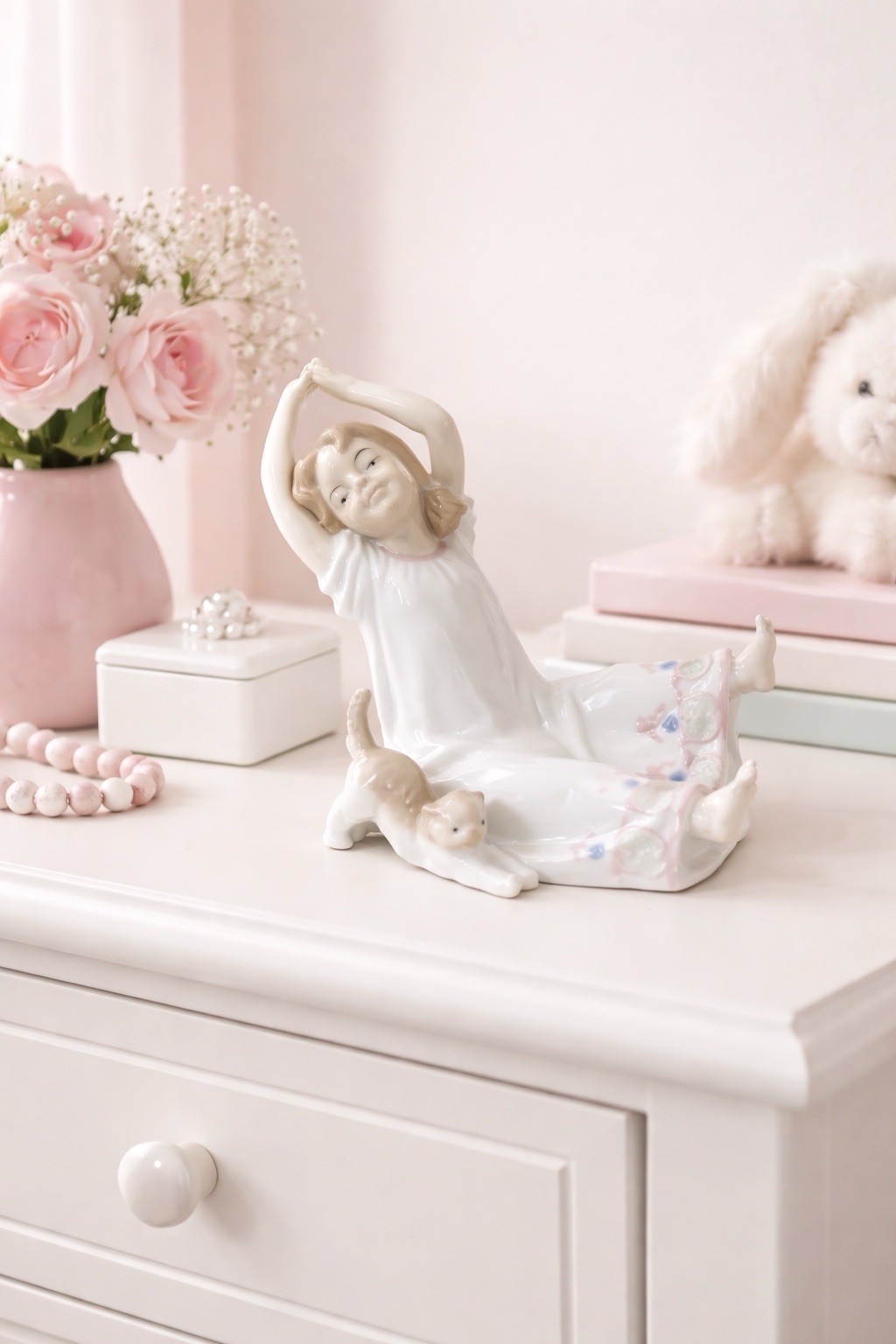 Lladro Style Girl Stretching w Kitten Porcelain Figurine Nursery Decor 7”