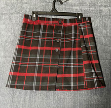 SO Girls Plaid Uniform Skirt L Black Red White Button Front Lined Poly/Spandex