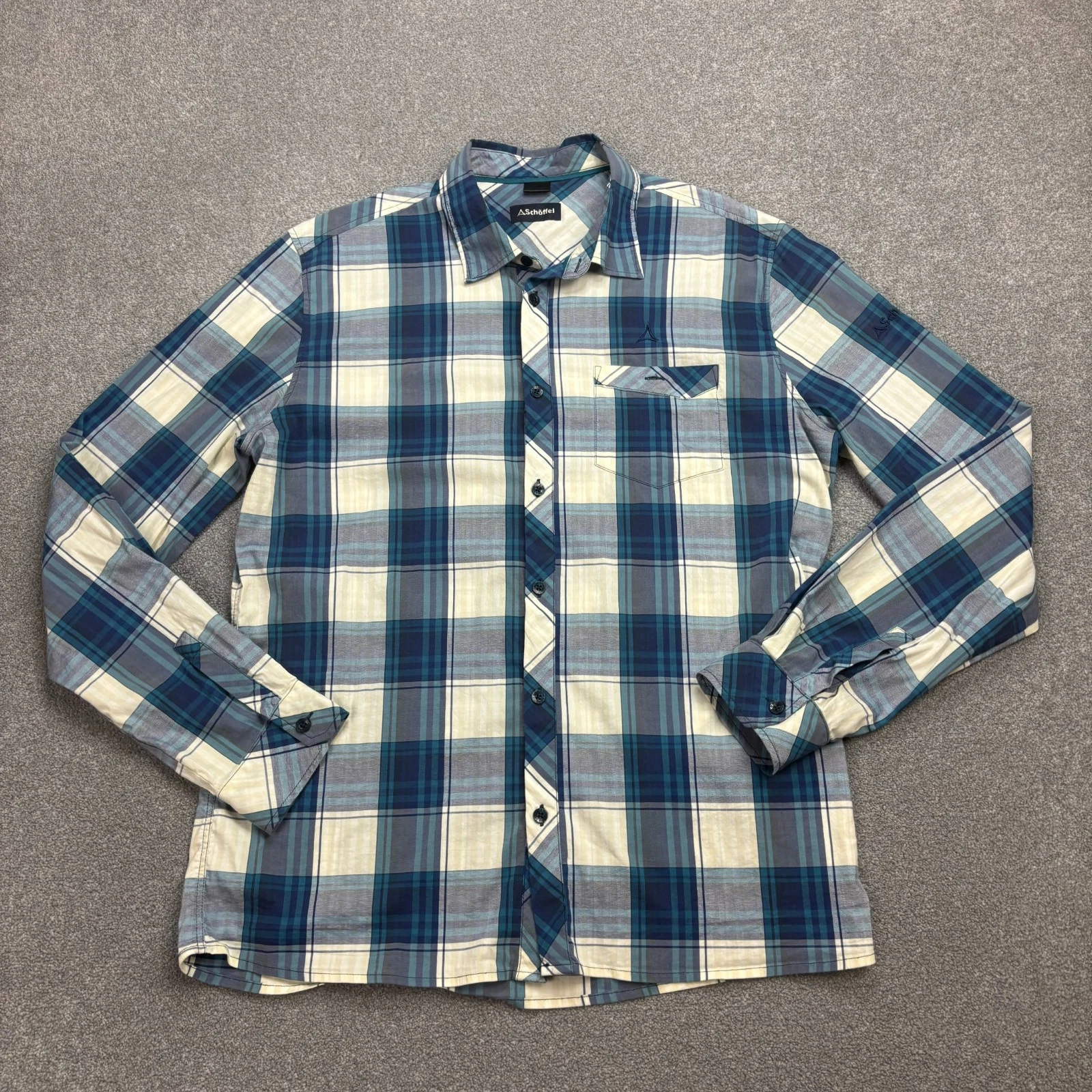 Schoffel Shirt Adult Medium Blue Button Up Check Hiking Hawaiian Beach Mens