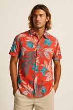 Jack O Neill Hawaiian Shirt S Red Floral Aloha Button Up Surf Style Korea