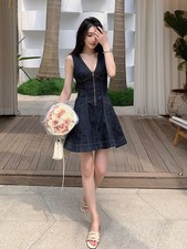 Self-Portrait Dark blue Sleeveless V-neck Dress Denim vest skirt