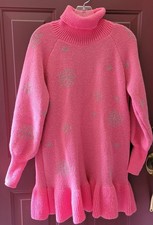 PRE-OWNED. Medium.Pink turtleneck sweater Dress, Snowflake Pattern, Ruffle Hem.