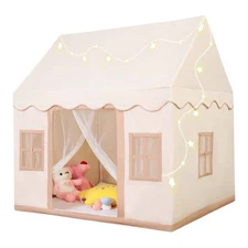 Large Kids Play Tent Beige Playhouse w/ Mat 47.5x41, Garland & Star Lights NEW