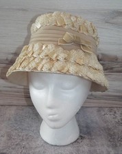 Union Made Women  s Bucket Hat Basket Weave Cream Bow 50s 60s MCM EB25