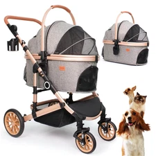 Pet Stroller with 4 Wheels, Foldable Pet Travel Carrier for Small/Medium Dogs Ca