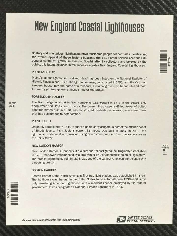 US Stamps 2013  New England Coastal Lighthouses5 Sheets of 20 / A total of 100 - Image 2 of 2