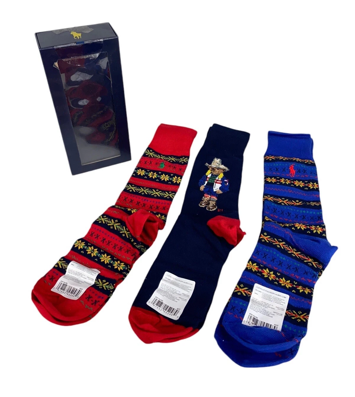 Polo Ralph Lauren 3 Pack Western Bear Socks Gift Set Box Blue Red Mens 6-12.5