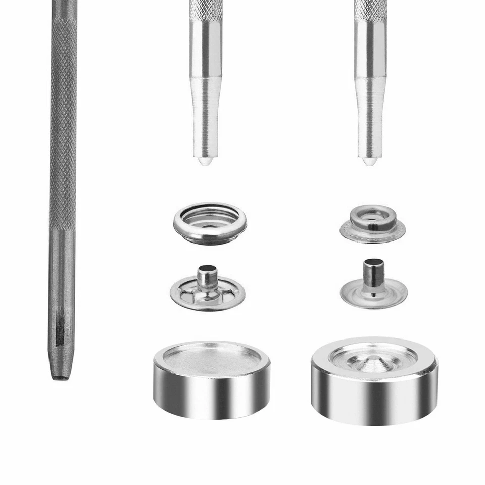 20 Set Argento Ottone Bottoni Automatici 15mm & Mano Attrezzo Kit per Pelle - Immagine 3 di 4