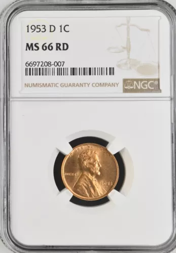 1953-D 1C RD Lincoln Wheat One Cent NGC MS66RD   6697208-007