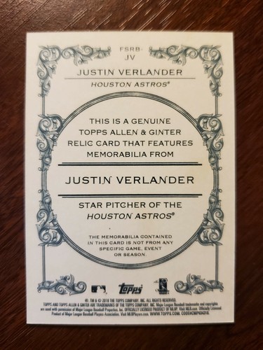2019 Topps Allen and Ginter Relics #FSRBJV Justin Verlander B - Picture 4 of 6