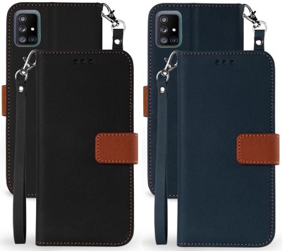 Durable Wallet Case Credit Card Slot Cover Wrist Strap for Samsung