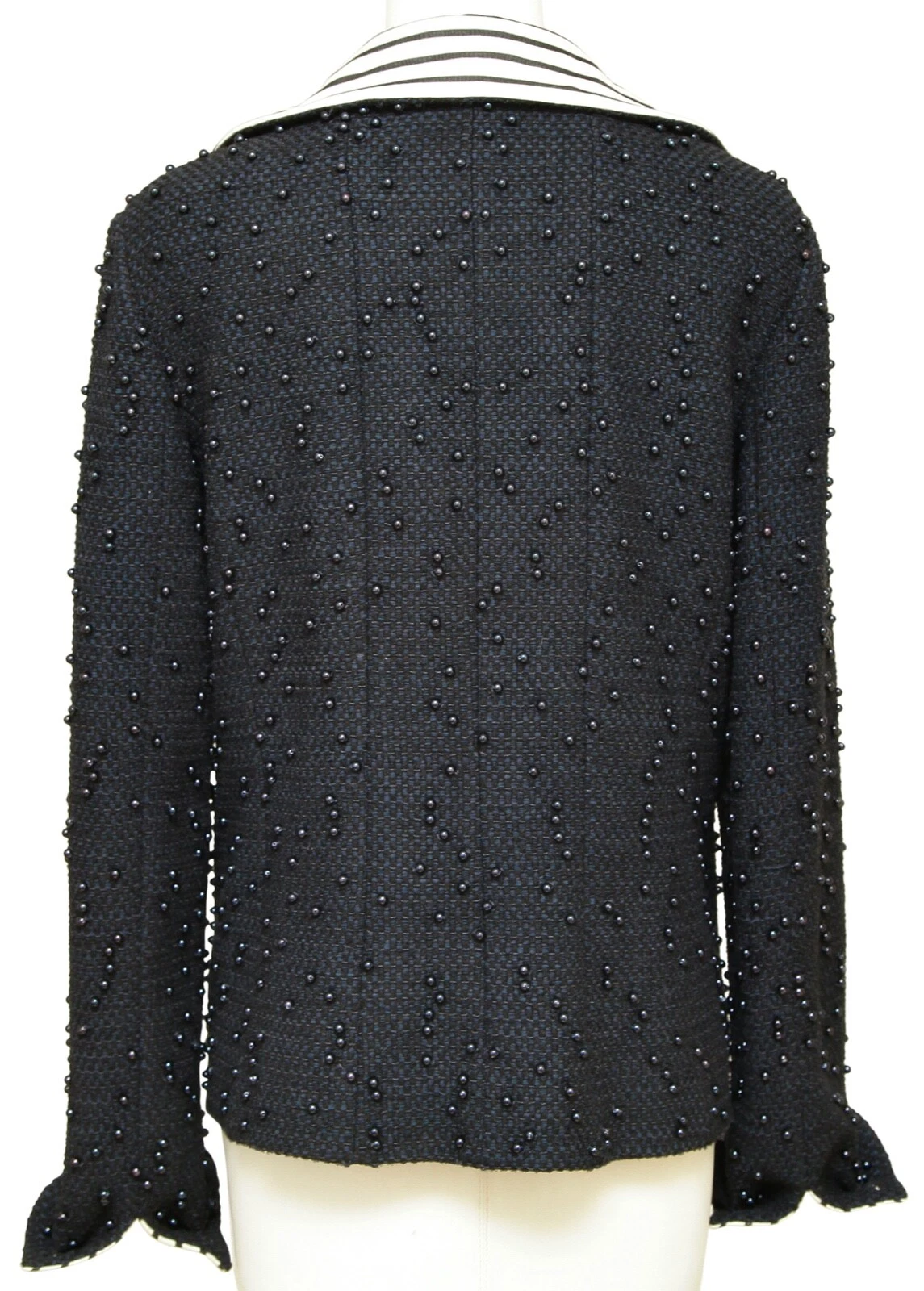 CHANEL Blazer Giacca Cappotto Tweed Blu Navy Perline Bottoni Cerniera 2017 Tg 40