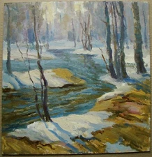 Ukrainian Soviet Oil Painting impressionism realism landscape spring thaw brook