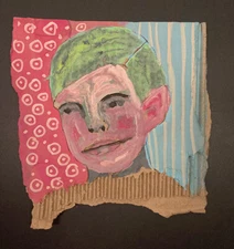 Portrait Painting Original Pink Blue Man Stripes Naive Outsider Art Miz Katie