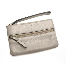 *Posh KATE SPADE Tan Pebbled Leather Double Zip Pockets Wristlet Blk/Wht Lining