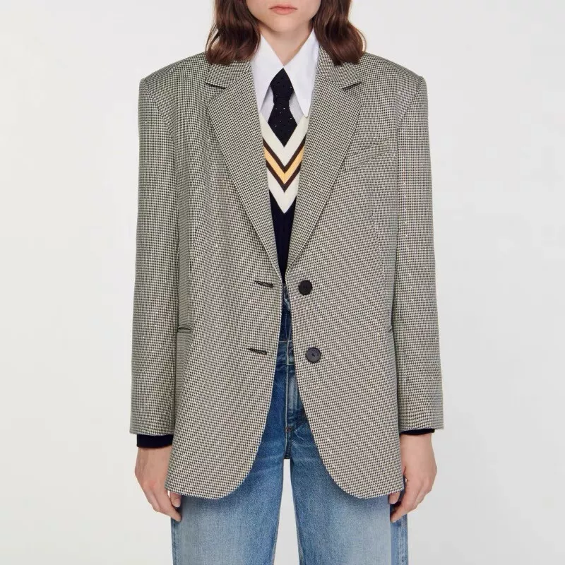 Sandro Checked Blazer Top Rhinestone Long Sleeve Coat for Women eBay