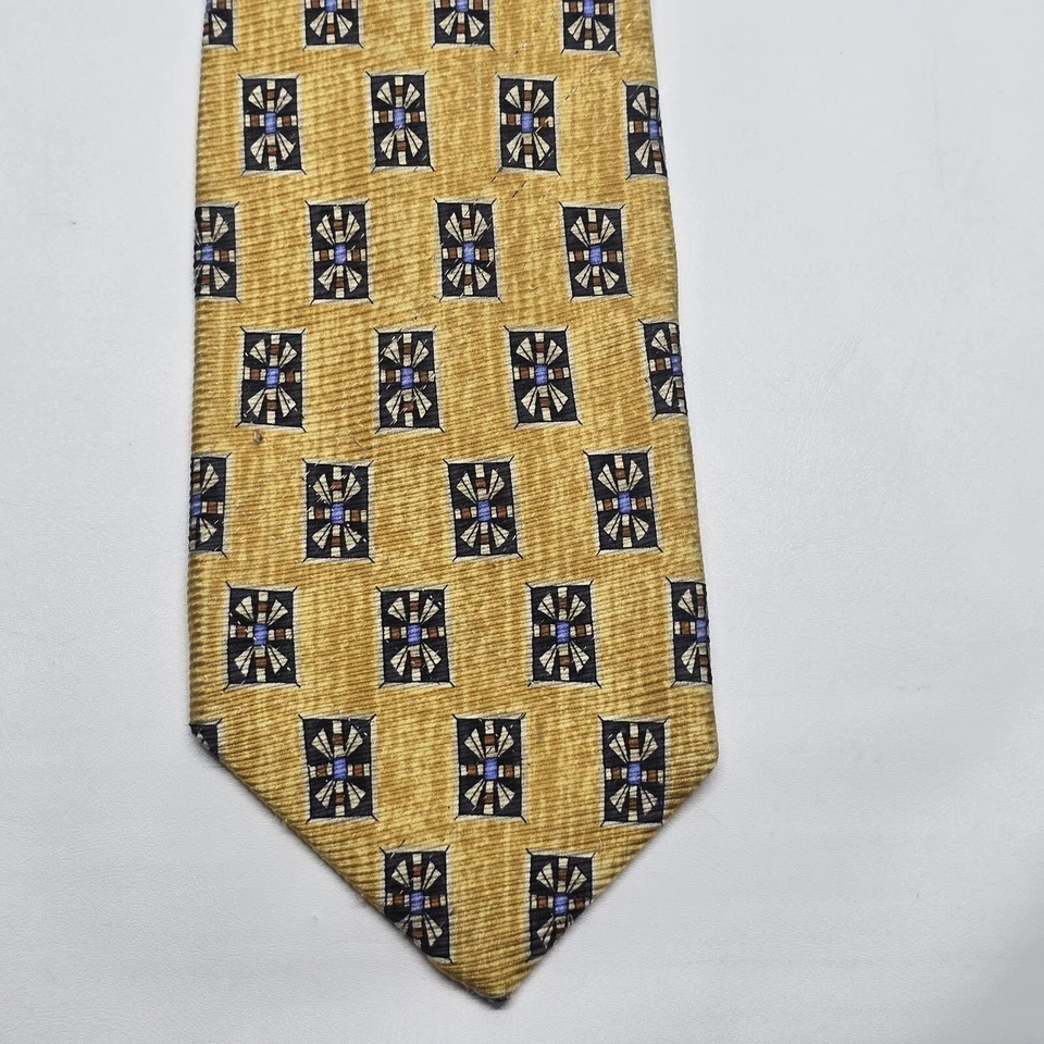Robert Talbott Best of Class 7 Fold Silk Tie Yellow Navy Geometric Necktie USA - Image 4 of 4