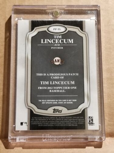 Tim Lincecum 2012 Topps Tier 1 One Prodigious Patches Jumbo Relic /10 3-color - Picture 2 of 2