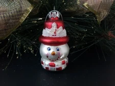 ST. Nicholas Square Snowman Head Red Hat Glass Christmas Ornament 3"