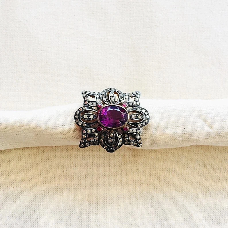 Pave Diamond Oval Amethyst Ring 925 Sterling Silver Victorian Ring Birthday Gift - Image 3 of 4