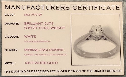 White diamond 0.51 ct and 18ct white gold solitaire engagement ring size M - Picture 6 of 10