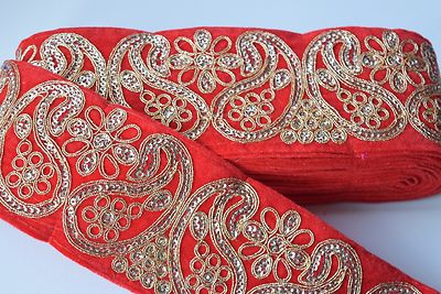 INDISCHE BREITE ROTE SAMT GOLD ZARI PAISLEY FORM BESTICKT SPITZENBORTE _ 1 METER