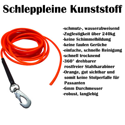 Schleppleine 6mm orange 3-50m mit / ohne Handschlaufe Kunststoff / schwimmfähig