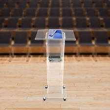 Clear Modern Acrylic Podium Stand Portable Speaking Lectern Stand With Wheels