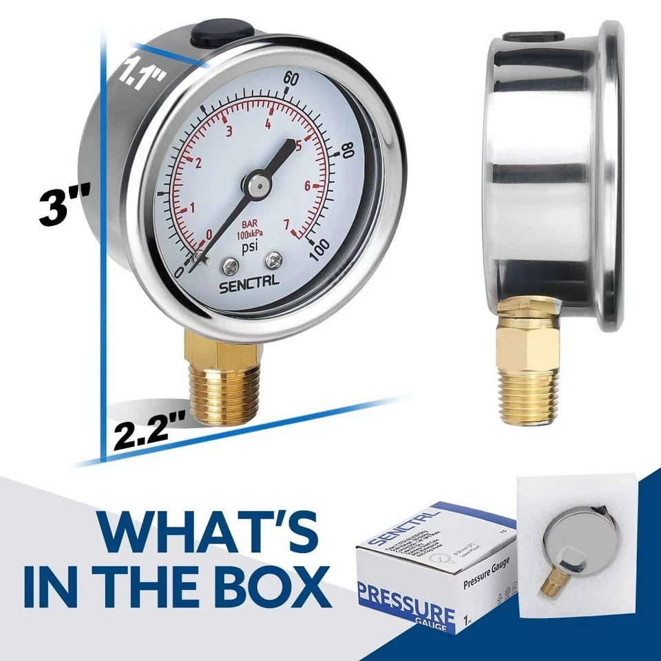 SENCTRL Pressure Gauge 0-100 Psi Anti-Fog Stainless Steel Case Pressure Test - Image 2 of 4