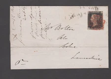 QV GB SG 1 1d Penny Black Plate 7 GJ Cover Lancashire Tied Red Maltese Cross MX