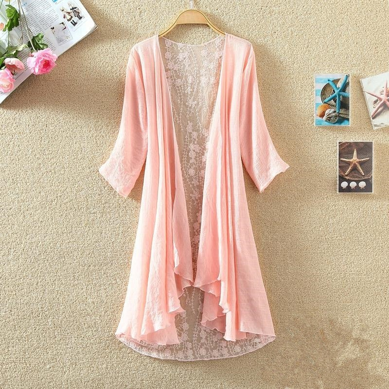 Monsoon Lace Cardigan Pink Women Lace Splice Cardigan Coat Sheer