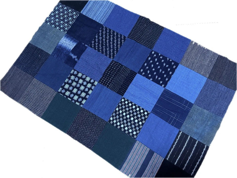 Centro de mesa de patchwork Japón con telas de algodón índigo, textil antiguo Foto 4 de 4