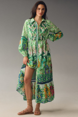 anthropologie green tiger dress Eleanora Maxi Shirt Jungle Peacock Size L NEW Maxi dress