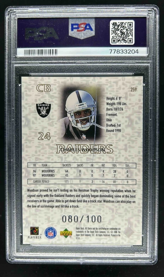 1998 Upper Deck Choice Charles Woodson Reserve Rookie RC #259 Raiders PSA 8 - Image 2 of 2
