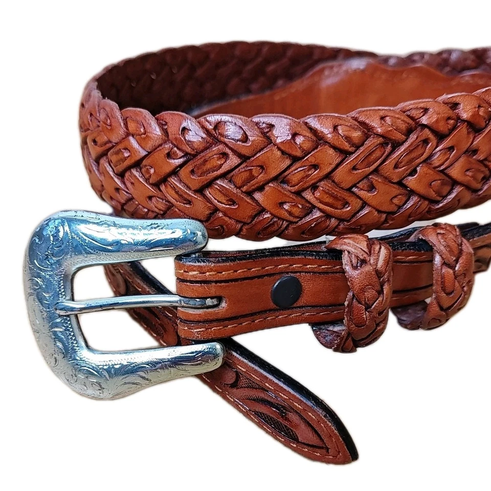 Cinturón De Colección Nocona Hecho a Mano Trenzado Cuero Marrón Talla 34 Western Hebilla Grabada Foto 3 de 4