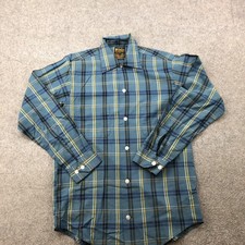 Vintage Sears Shirt Mens Small Blue Yellow Plaid Long Sleeve Perma Prest 60s USA