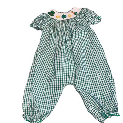 Bambeeni Smocked Girls Romper ST PATRICK Clover Leprechaun Rainbow  Luck SZ 2T