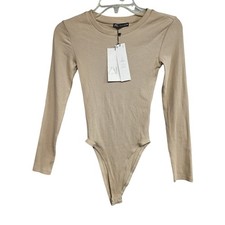 Zara Ribbed Long Sleeve Bodysuit Tan Beige Crew Neck Snap Gusset Small NEW
