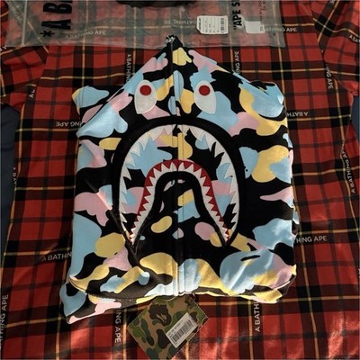 A Bathing Ape Shark Full Zip Hoodie XL Multicolor Camouflage PONR  Fleece Cotton