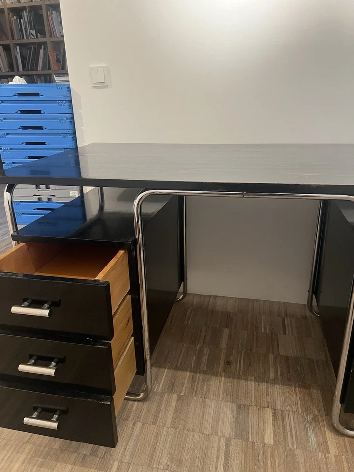 Stahlrohr Schreibtisch Schwarz Vintage mit 6 Seitenkästchen