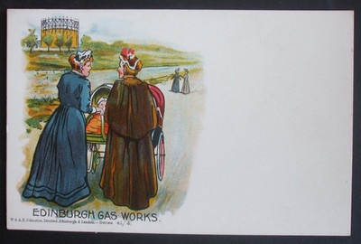 Alter Comic EDINBURGH GAS WORKS DAMEN KINDERWAGEN KLATSCH VERGASUNG WORTSPIEL Humor