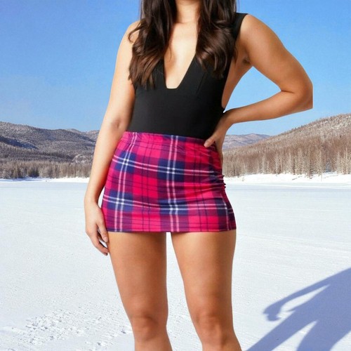 Pink Tartan Mini Skirt Women's Stretch Bodycon Pleated Check Schoolgirl Clubwear - Picture 7 of 7
