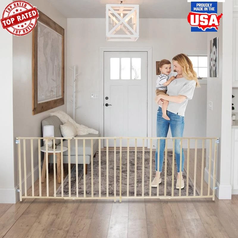 Extra-Wide Swing Baby Safety Gate 60-103 Inch Hardware Mounted Wood Gate New