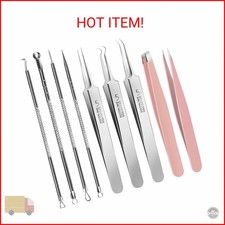 Teenitor 9 Pcs Professional Blackhead Tweezers and Pimple Popper Tool Kit, Stain