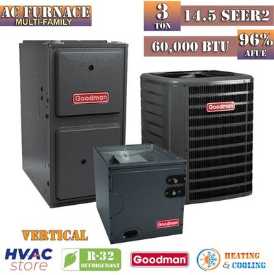 Goodman 3 Ton 14.5 SEER2 Gas Furnace & AC System Multi Family 96% AFUE 60K BTU