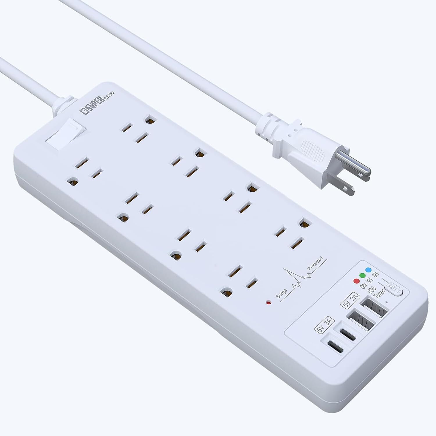 Surge Protector Power Strip, Extension Cord with USB Timer 8 Outlets(1875W/15...-image