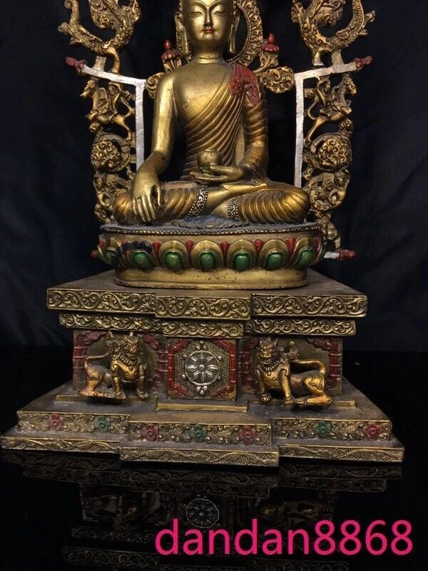 15.6" Tíbet Budismo Templo Bronce Pintado Shakyamuni Medicina Buda Estatua Foto 3 de 4