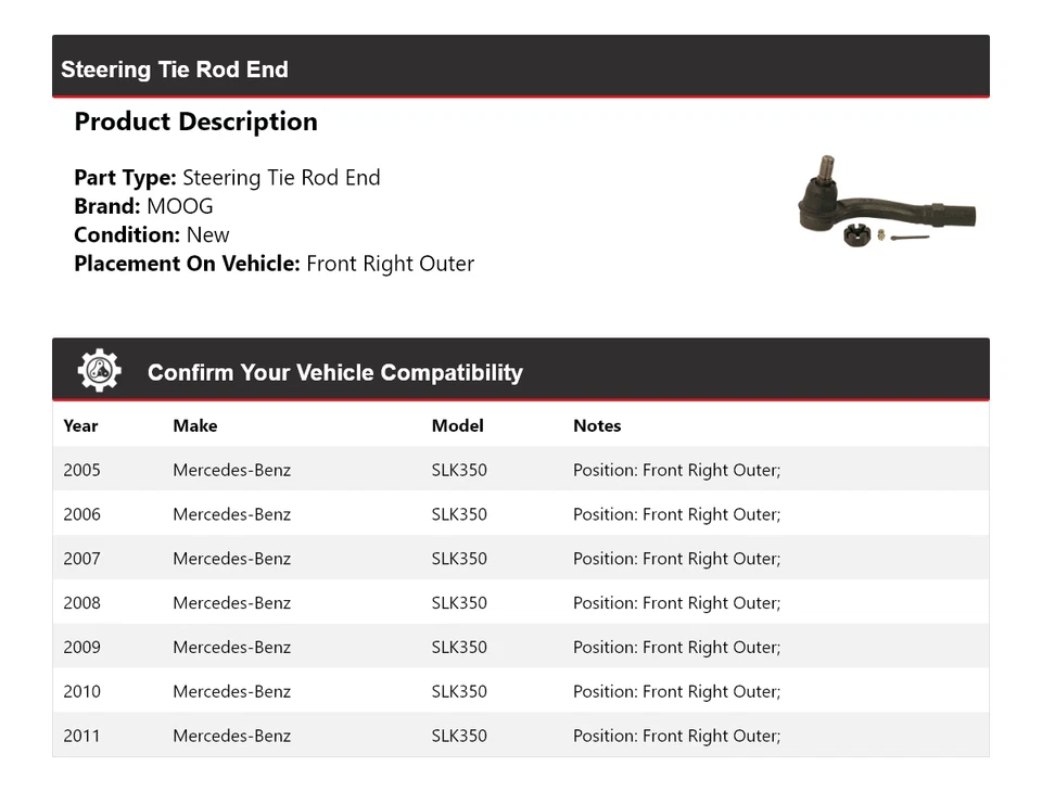 Extremo de barra de dirección delantero derecho exterior MOOG para Mercedes-Benz SLK350 2005-2011 Foto 2 de 4