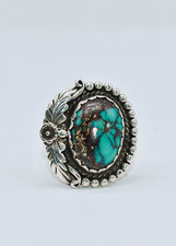 Turquoise Sterling Silver Flower  Leaves Southwestern Ring Size 8